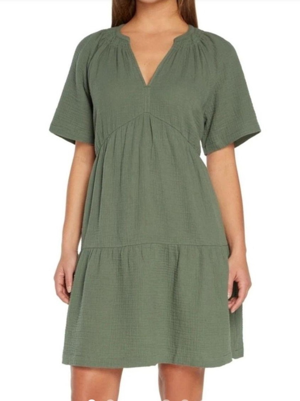 GAP Beach Summer Travel 100% Cotton Gauze Tiered Split-V Olive Midi Dress SZ XXL